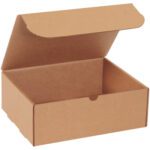 An open 11 1/8 x 8 3/4 x 4 Kraft Literature Mailer (50/Bundle) with a hinged lid reveals its plain interior, displayed against a stark white background.