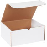 An open MH-USA 11 1/8 x 8 3/4 x 5 white literature mailer with a brown interior and hinged lid is displayed against a plain background. Its sturdy design makes it ideal for securely shipping documents or small items.