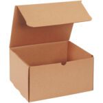 The 11 1/8 x 8 3/4 x 5 Kraft Literature Mailer, available in bundles of 50, is a plain brown cardboard box with an open lid that reveals its corrugated interior, making it ideal for secure packaging or storage.