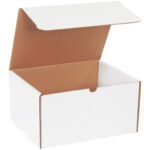 The MH-USA 11 1/8 x 8 3/4 x 6 White Literature Mailers are plain, rectangular cardboard boxes with open flap lids and unadorned brown interiors. Ideal for shipping or storage, they come in bundles of fifty.