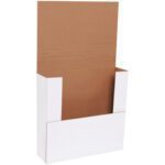 The image shows a cardboard display box with a white exterior and brown interior, similar to the MH-USA 12 x 11 1/2 x 3 White Easy-Fold Mailers (50/Bundle). The box has a tall back panel and shorter sides, ideal for holding or displaying items upright.