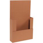 A brown cardboard display stand with a rectangular base and tall back, similar to a 12 x 11 1/2 x 3 Kraft Easy-Fold Mailer, is designed for presenting items. Its open-front construction reflects the practicality of packaging found in Kraft Easy-Fold Mailers (50/Bundle).