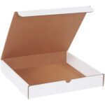 An empty, open white pizza box with a brown interior looks like the MH-USA 12 x 12 x 2 White Literature Mailers (50/Bundle); its propped lid reveals an unfolded flap against a plain white backdrop.