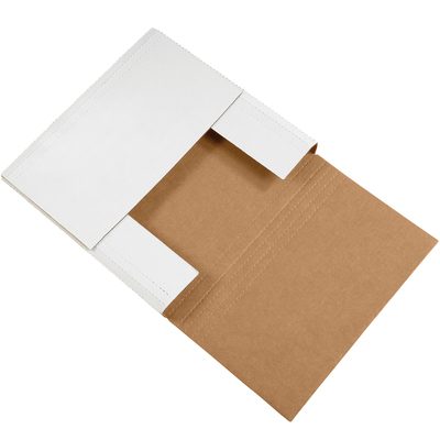 M12122BF.jpg An open MH-USA 12 1/2 x 12 1/2 x 2 White Easy-Fold Mailer with a crisp white exterior and brown interior, viewed at an angle. It has foldable flaps for secure closure and comes in convenient bundles of 50.
