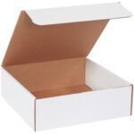 A white cardboard box, similar to the MH-USA 12 x 12 x 4 White Literature Mailers (50/Bundle), is shown against a plain backdrop with its lid slightly open, revealing the roomy brown interior of this versatile package.