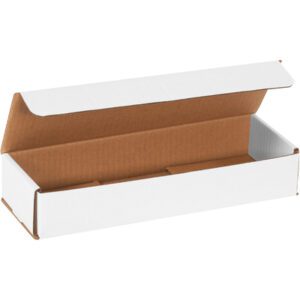 The MH-USA 12 x 4 x 2 White Corrugated Mailer stands open, displaying its empty brown interior. Its rectangular design with upright lid flaps suggests reliability as part of the 50 per bundle packaging solution.