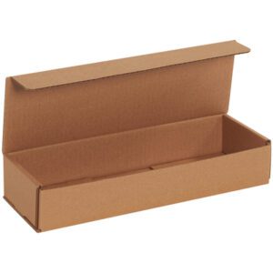 An open rectangular 12 x 4 x 2 Kraft Corrugated Mailer with a hinged lid is shown on a white background. The empty box features folding seams for versatile packaging, and comes in bundles of 50 for efficient shipping.