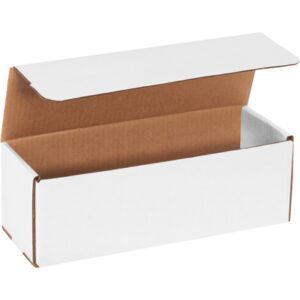 A white rectangular cardboard box, 12 x 4 x 4 inches, with a brown interior and open top. The lid is partially folded back, showing the inside. Ideal for mailing, these MH-USA 12 x 4 x 4 White Corrugated Mailers come in bundles of 50.