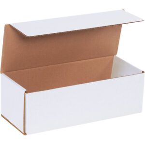 The MH-USA 12 x 5 x 4 White Corrugated Mailers (50/Bundle) feature a simple yet effective design with a white exterior and brown interior, offering ample storage space when opened. Ideal for efficient shipping.