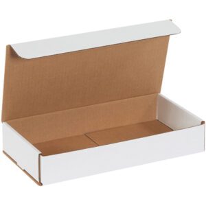 An MH-USA 12 x 6 x 2 White Corrugated Mailer from a 50-bundle set sits with a slightly open lid, revealing its plain brown interior and the textured corrugation inside. The box is empty.