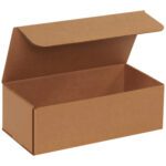 An open brown cardboard box displays its empty interior, highlighting the practicality and neat design of the 12 x 6 x 4 Kraft Corrugated Mailers, sold in bundles of 50 for efficient packaging or storage.