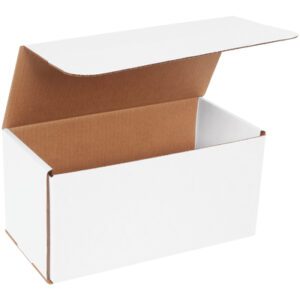 An open MH-USA 12 x 6 x 6 white corrugated mailer with a brown interior is shown from an angle, with its lid partially open to reveal the spacious inside. Its clean design is ideal for packaging or storage. Comes in a bundle of 50 for versatile use.