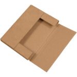 The 12 1/8 x 9 1/8 x 1 Kraft Easy-Fold Mailers (50/Bundle) with open flaps and corrugated edges are perfect for securely mailing books and flat items.