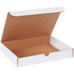 The MH-USA 12 1/8 x 9 1/4 x 2 white literature mailer with a brown interior and hinged lid displays an easy-open front cutout. (50/Bundle).