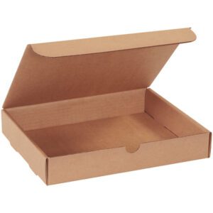 An open, empty Kraft Literature Mailer from the 12 1/8 x 9 1/4 x 2 series (50/Bundle) with a hinged lid is displayed against a plain white background.