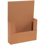 The 12 1/8 x 9 1/8 x 3 Kraft Easy-Fold Mailers (50/Bundle) serve as an empty brown cardboard display box with an extended back and side and front panels, ideal for showcasing products, offering effortless assembly.