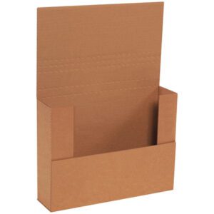 The 12 1/8 x 9 1/8 x 3 Kraft Easy-Fold Mailers (50/Bundle) serve as an empty brown cardboard display box with an extended back and side and front panels, ideal for showcasing products, offering effortless assembly.