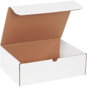 The open white box with a brown interior and partially raised lid is the MH-USA 12 1/8 x 9 1/4 x 4 White Literature Mailer (50/Bundle), offering a simple yet sturdy design ideal for packaging or storage.