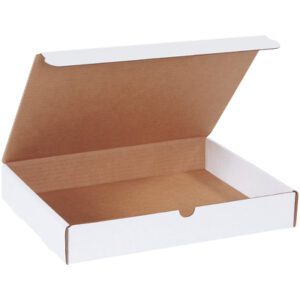 An open, empty pizza box resembles the MH-USA 13 x 10 x 2 White Literature Mailers (50/Bundle), showcasing its white exterior and brown interior. The lid is partially open, allowing a peek inside the cardboard packaging.