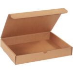 The open Kraft Literature Mailer, measuring 13 x 10 x 2, has a partially folded lid and is to the left. These simple brown cardboard boxes come in bundles of 50 and are ideal for secure packaging.