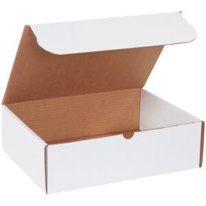 An open MH-USA 13 x 10 x 4 White Literature Mailer with a fold-over lid reveals a brown interior against a white background, showcasing sophistication. Sold in bundles of 50 to meet your mailing needs.