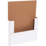 The MH-USA 14 1/4 x 11 1/4 x 2 white easy-fold mailers feature a brown interior and stable design with three sides and an extended back, ideal for organizing documents. Sold in bundles of 50 for versatile office use.