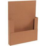 The 14 1/4 x 11 1/4 x 2 Kraft Easy-Fold Mailers (50/Bundle) feature an open top and front for easy organization, a tall back for support, and a folding design for simple assembly, making them perfect for orderly document or magazine storage.