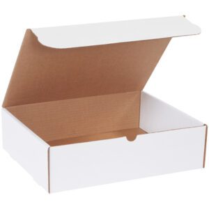 An open MH-USA 14 1/4 x 11 1/4 x 4 White Literature Mailer with a brown interior and hinged lid is displayed partially open, revealing its empty inside against a plain white background.