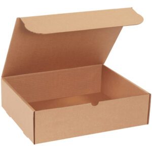 An open 14 1/4 x 11 1/4 x 4 Kraft Literature Mailer (50/Bundle) with a hinged lid is shown from a three-quarter angle on a plain white background.
