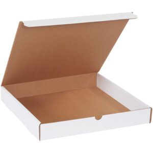 Partially open, the empty white pizza box with a brown interior, reminiscent of MH-USA 14 x 14 x 2 White Literature Mailers (50/Bundle), is viewed from the front against a plain white background.