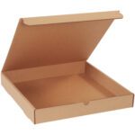 An open, empty brown cardboard pizza box with a simple design and its lid lifted at an angle looks like a 14 x 14 x 2 Kraft Literature Mailer from the 50/Bundle set.