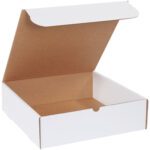 The MH-USA 14 x 14 x 4 White Literature Mailer, featuring a brown interior and a notch for easy opening, showcases its spacious interior with the lid slightly raised and is available in a bundle of 50.