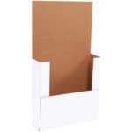 An open MH-USA 14 x 14 x 4 White Easy-Fold Mailer reveals its brown interior against a plain white backdrop, emphasizing the boxs structure and practicality. Sold in bundles of 50.