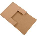 A top-down view of a partially open, unfolded 14 x 14 x 4 Kraft Easy-Fold Mailer displays visible creases for assembly. Sold in bundles of 50.
