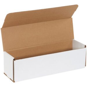 The MH-USA 14 x 4 x 4 White Corrugated Mailer, with a brown interior and displayed open, is available in a convenient 50/bundle deal. It rests against a plain white background.