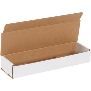 The MH-USA 14 x 6 x 2 White Corrugated Mailers feature a white exterior and brown interior. When fully open, the box reveals spacious storage. Available in bundles of 50 for your mailing needs.