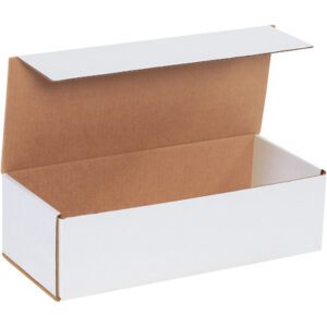 Viewed from a slight angle, this open MH-USA 14 x 6 x 4 white corrugated mailer has ample space, a brown interior, and an extended lid. It comes plain and unmarked in bundles of 50, ideal for your shipping needs.
