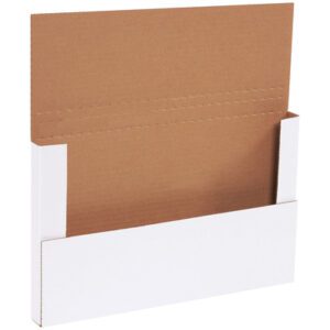 The MH-USA 14 1/8 x 8 5/8 x 1 White Easy-Fold Mailer, with expandable sides and a brown interior, is displayed open against a white background. It comes in a bundle of 50 for convenient packaging.