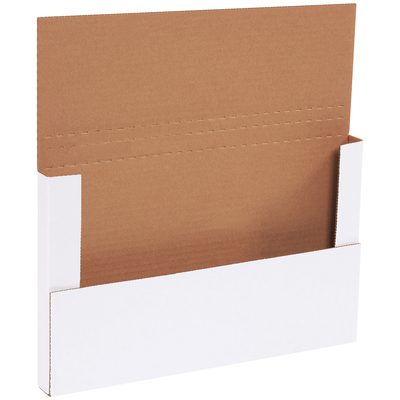 M1491.jpg The MH-USA 14 1/8 x 8 5/8 x 1 White Easy-Fold Mailer, with expandable sides and a brown interior, is displayed open against a white background. It comes in a bundle of 50 for convenient packaging.