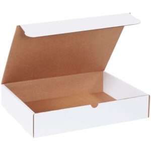 An open MH-USA 15 1/8 x 11 1/8 x 3 white literature mailer with a brown interior and foldable lid is empty on a plain background, ready for use.