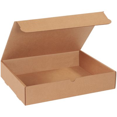 M15113K.jpg A 15 1/8 x 11 1/8 x 3 Kraft Literature Mailer, constructed from plain brown corrugated material with a hinged lid, is open and empty on a white background, ideal for organizing or shipping documents efficiently.