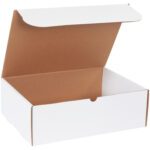 An open MH-USA 15 1/8 x 11 1/8 x 5 white literature mailer reveals its brown interior. Resting against a plain backdrop, it awaits your documents or products, sold in bundles of fifty.
