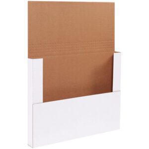 The MH-USA 15 x 11 1/8 x 6 White Easy-Fold Mailers (50/Bundle) feature a white exterior and brown interior with open side flaps for secure closure. Made from sturdy corrugated material, theyre ideal for shipping or packaging documents and small items.