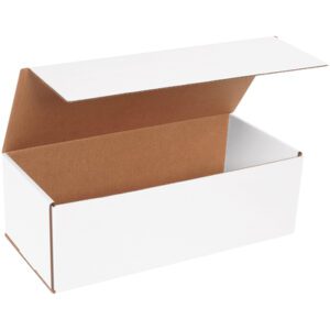 The MH-USA 15 x 7 x 5 white corrugated mailer, featuring an open hinged lid and brown interior, is against a plain white backdrop. Sold in bundles of 50, its perfect for all mailing needs.