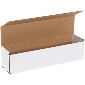 The MH-USA 16 x 4 x 4 White Corrugated Mailers boast a sleek white exterior, robust brown interior, and spacious design. They sit open against a plain white background, ready for use in bundles of 50 to meet all your mailing needs.