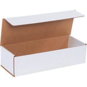 The MH-USA 16 x 6 x 4 white corrugated mailer box, with a brown interior and partially raised lid, stands against a plain white background as part of the convenient 50/bundle set.