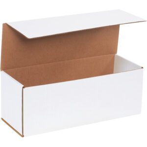 A MH-USA 16 x 6 x 6 white corrugated mailer with partially raised lid flaps reveals its brown interior, resting empty against a pristine white backdrop.