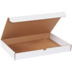 A white cardboard pizza box with a brown interior, viewed from an angle, partially open to show its flat, empty inside resembles the MH-USA 17 1/8 x 11 1/8 x 2 White Literature Mailers. It has a small notch on the front for easy opening.