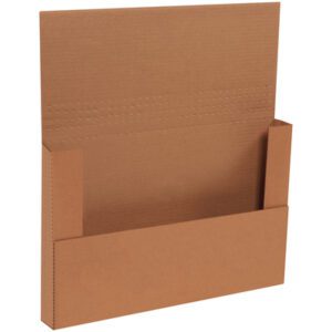 The 17 1/4 x 11 1/4 x 2 Kraft Easy-Fold Mailers, brown cardboard folders with flaps, have visible seams and textured surfaces, ideal for holding documents and efficient organization or mailing.