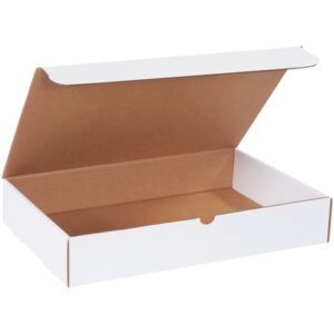 The MH-USA 17 1/8 x 11 1/8 x 3 White Literature Mailers feature a white exterior and brown interior, with an open rectangular design and partially opened lid revealing an empty space. They come plain, without markings or labels, in bundles of 50.